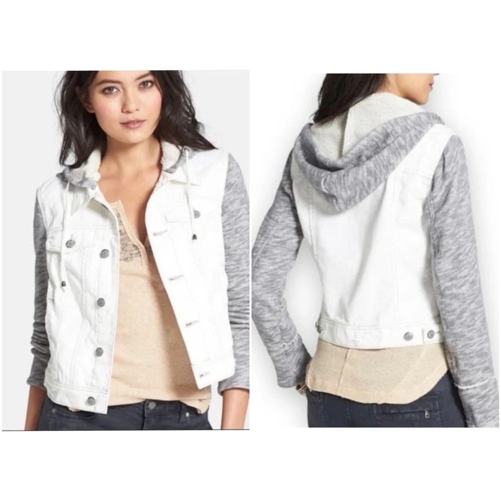Free People Jacket Women’s Size Medium White Gray Sweater Jean hooded Jacket - Picture 16 of 16